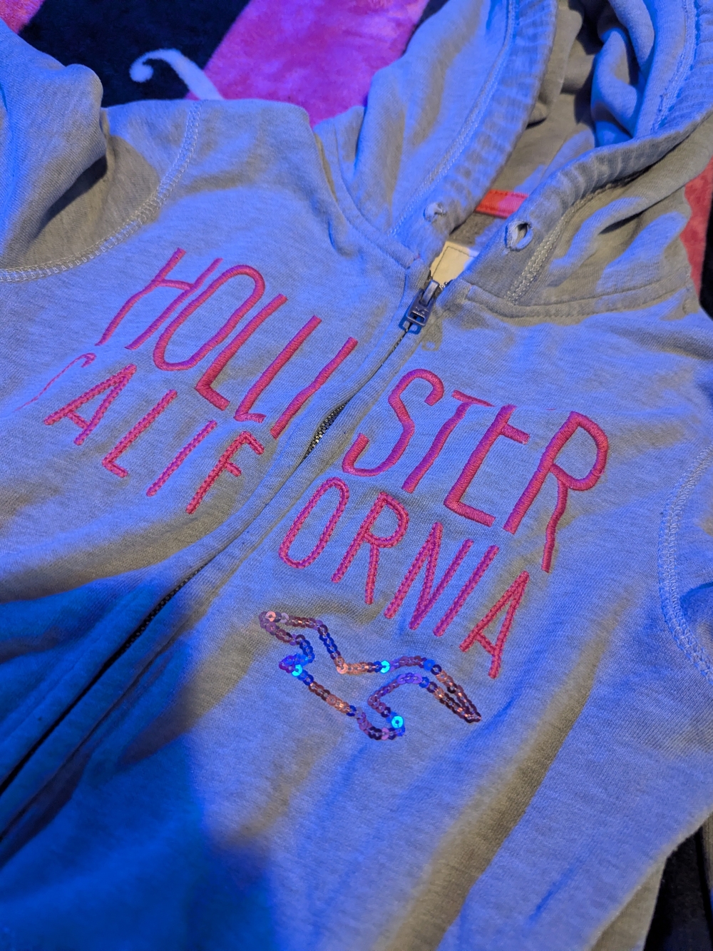 Hollister Light Gray Hoodie with Pink Logo and Sequin Accent